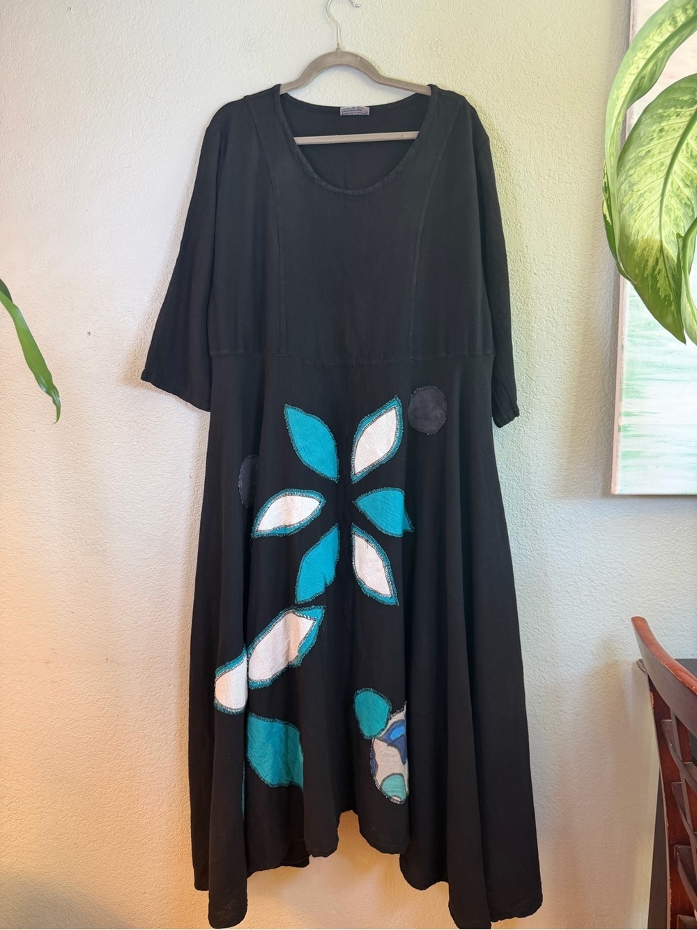 Cotton Ways Black Cotton Gauze Bohemian Blue Floral Lagenlook Maxi Dress 3X NWT